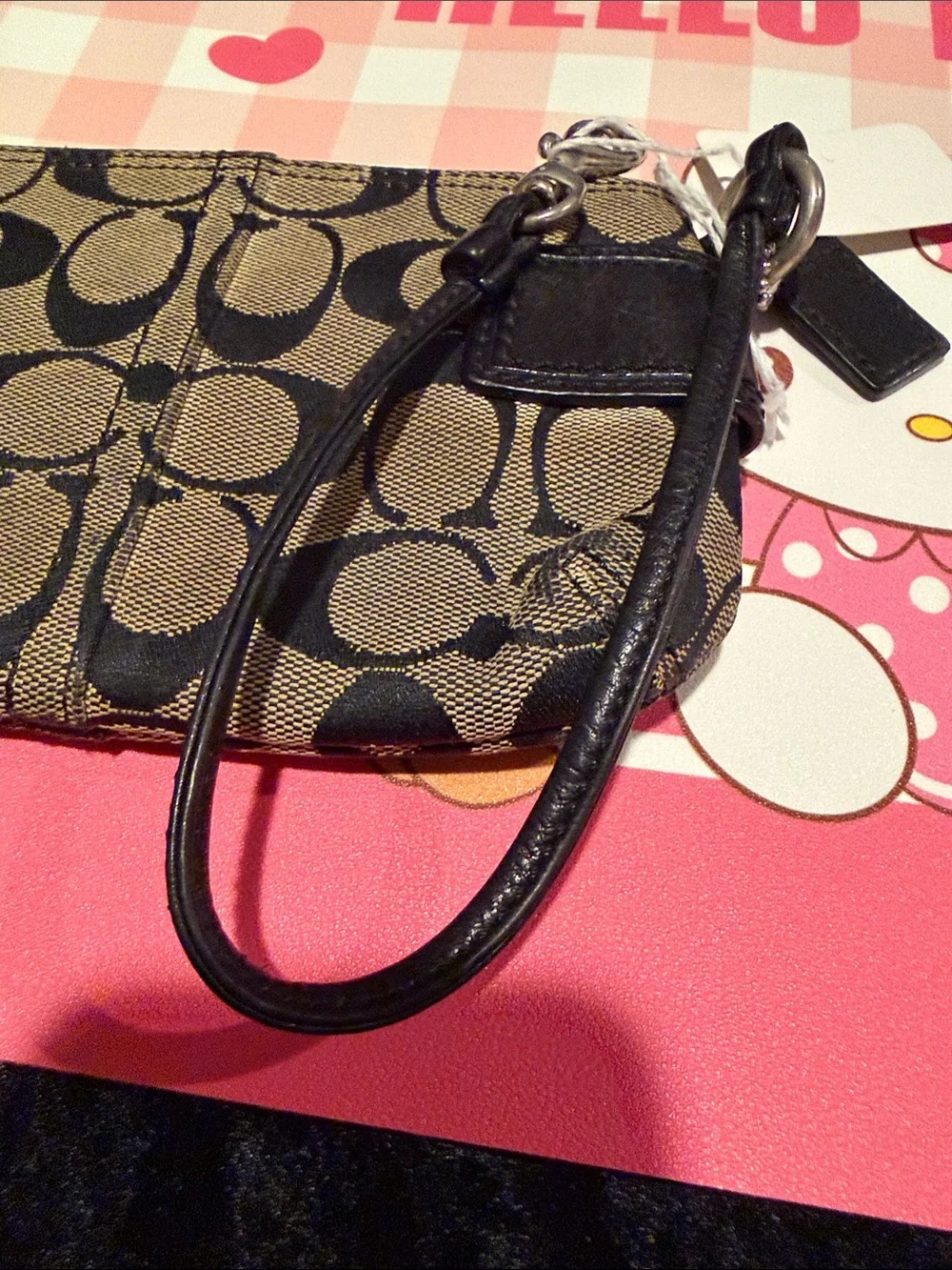 Coach Black & Tan Signature Canvas Wristlet with Buckle Accents